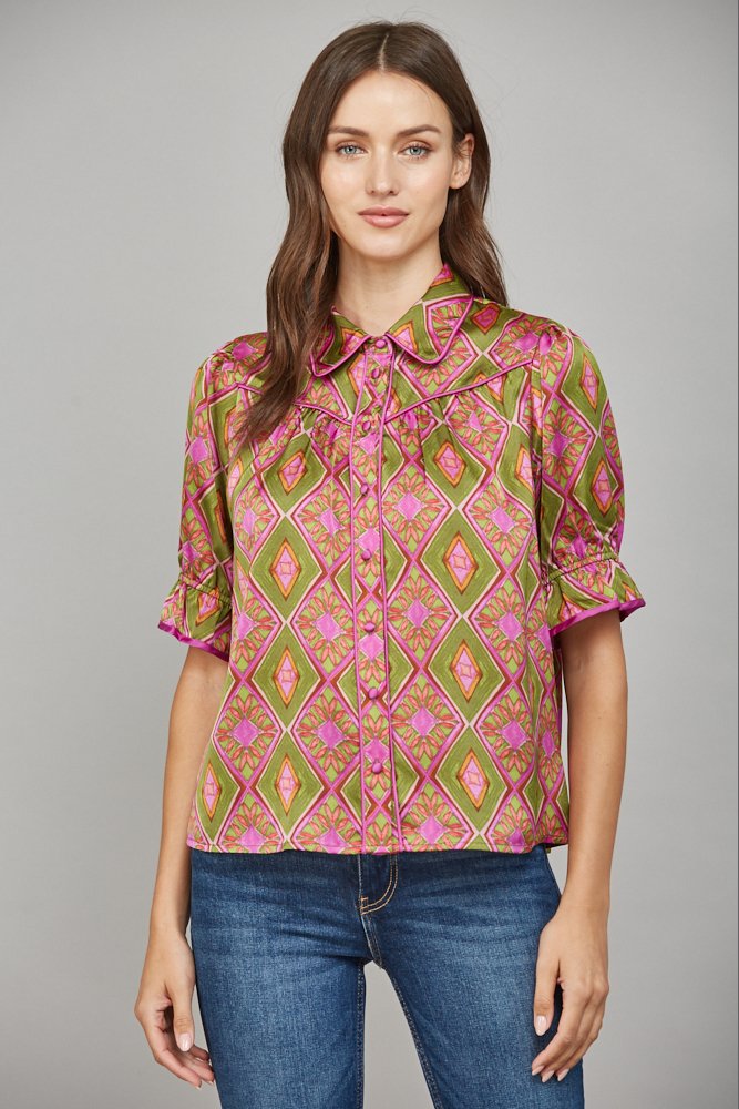 Collared All Over Print Top