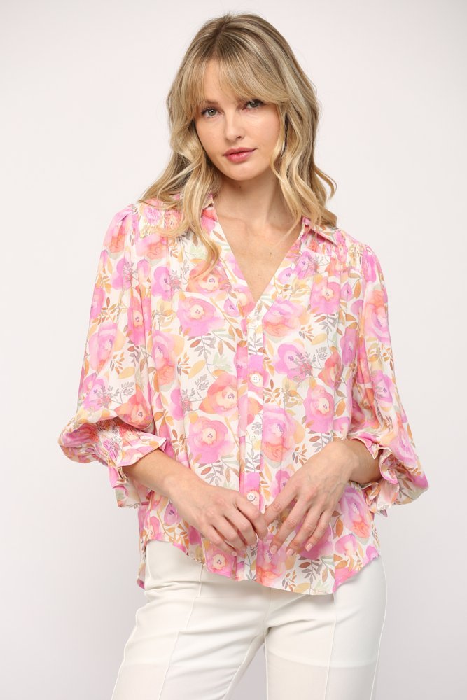 Floral Print Smocked Yoke Top - High Call Outfitters