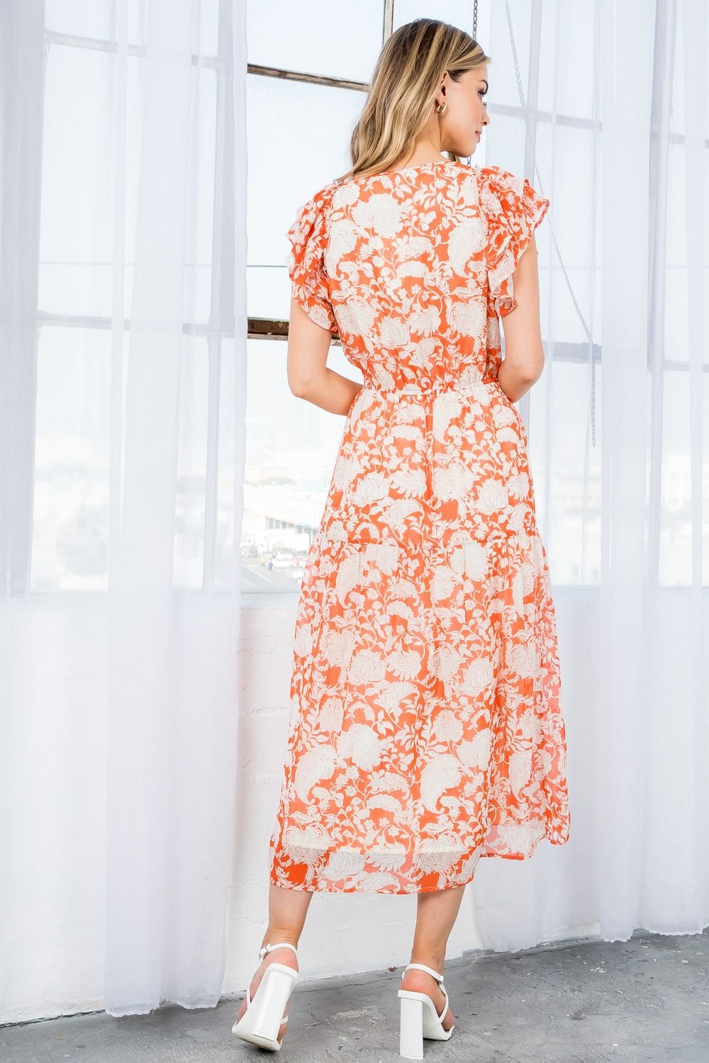 Flutter Sleeve Print Midi Dress from THML