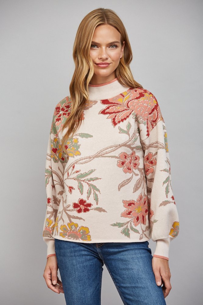 Floral Print Mock Neck Sweater - High Call Outfitters