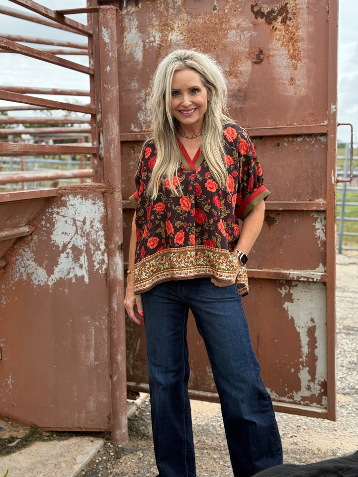 Contrast V Neck Floral Top
