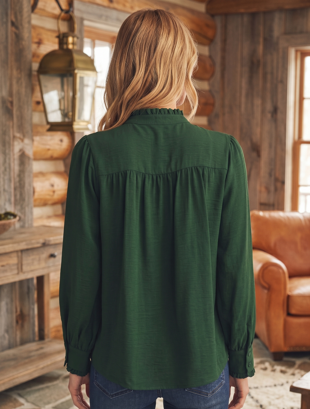 Pleated Ruffle Trimmed Long Sleeve Top - High Call Outfitters