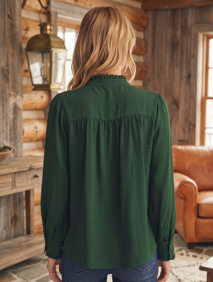 Pleated Ruffle Trimmed Long Sleeve Top - High Call Outfitters