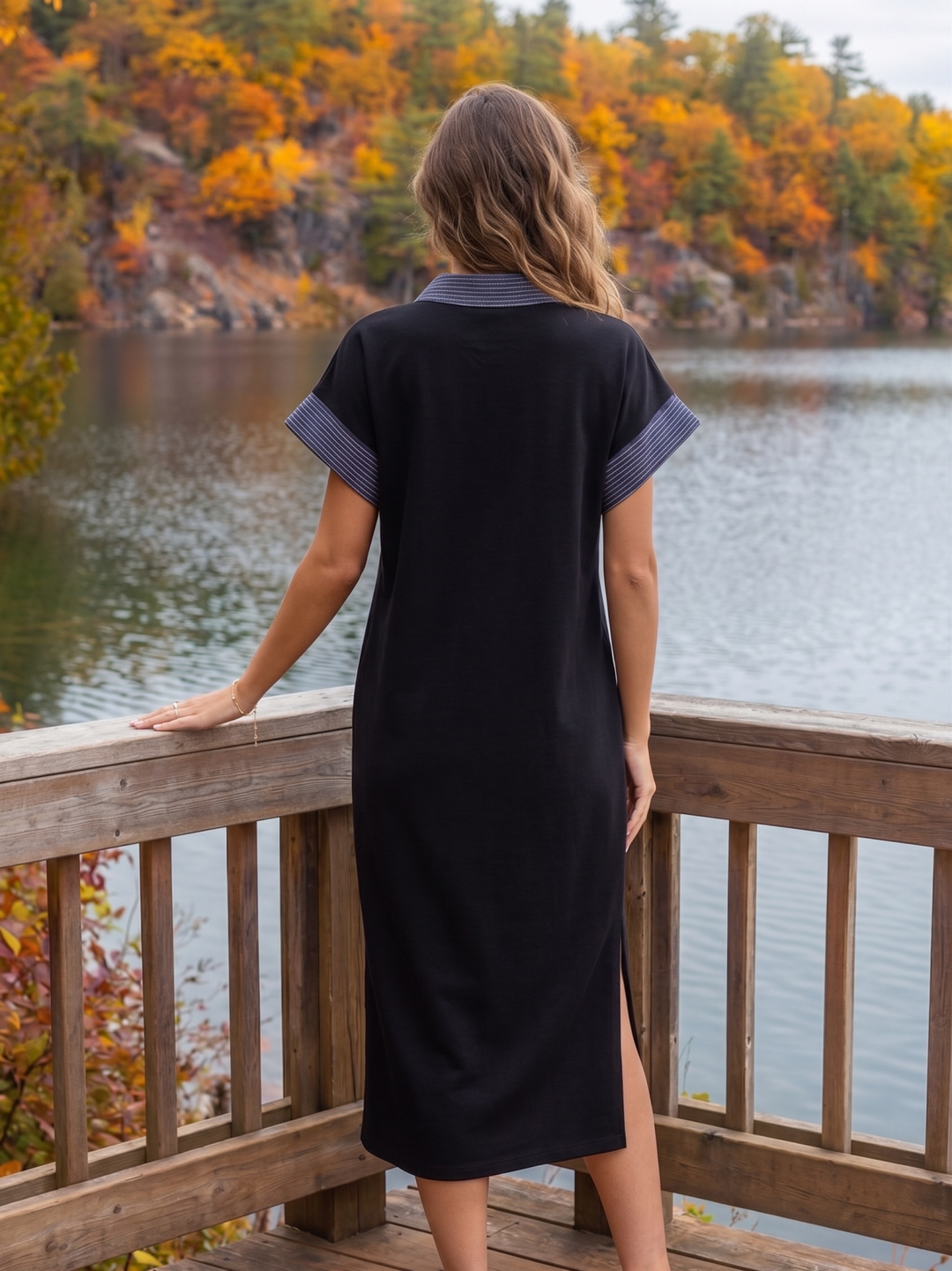 Contrast Collar Knit Midi Dress
