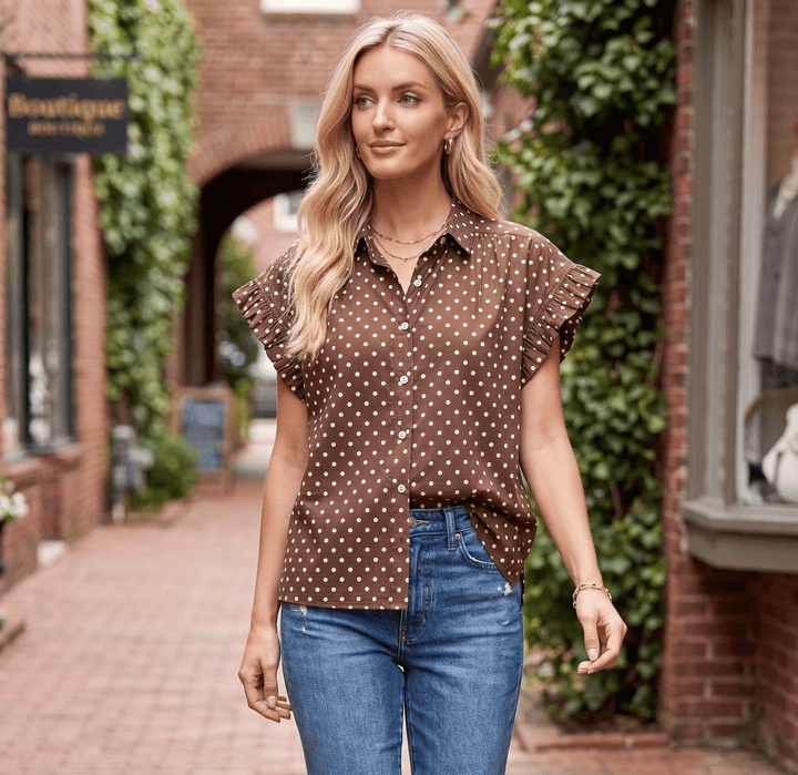 Polka Dot Ruffled Sleeve Top - High Call Outfitters