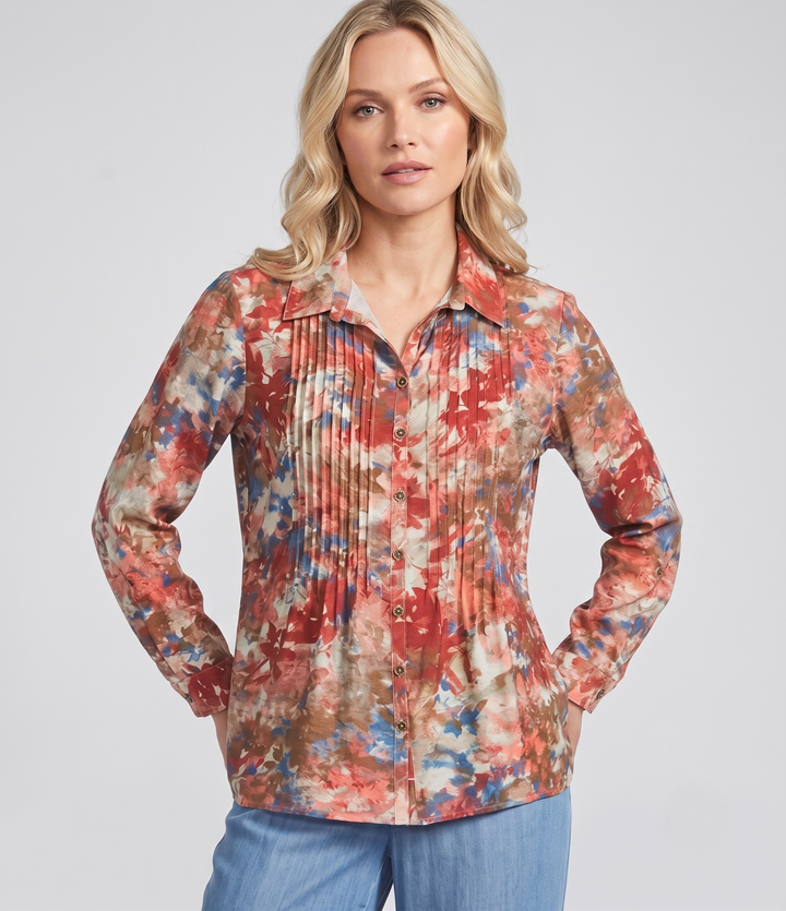 Woven Multi Print Point Collar 3/4 Roll-Tab Sleeve Button-Front Crinkle Shirt from Multiples - High Call Outfitters