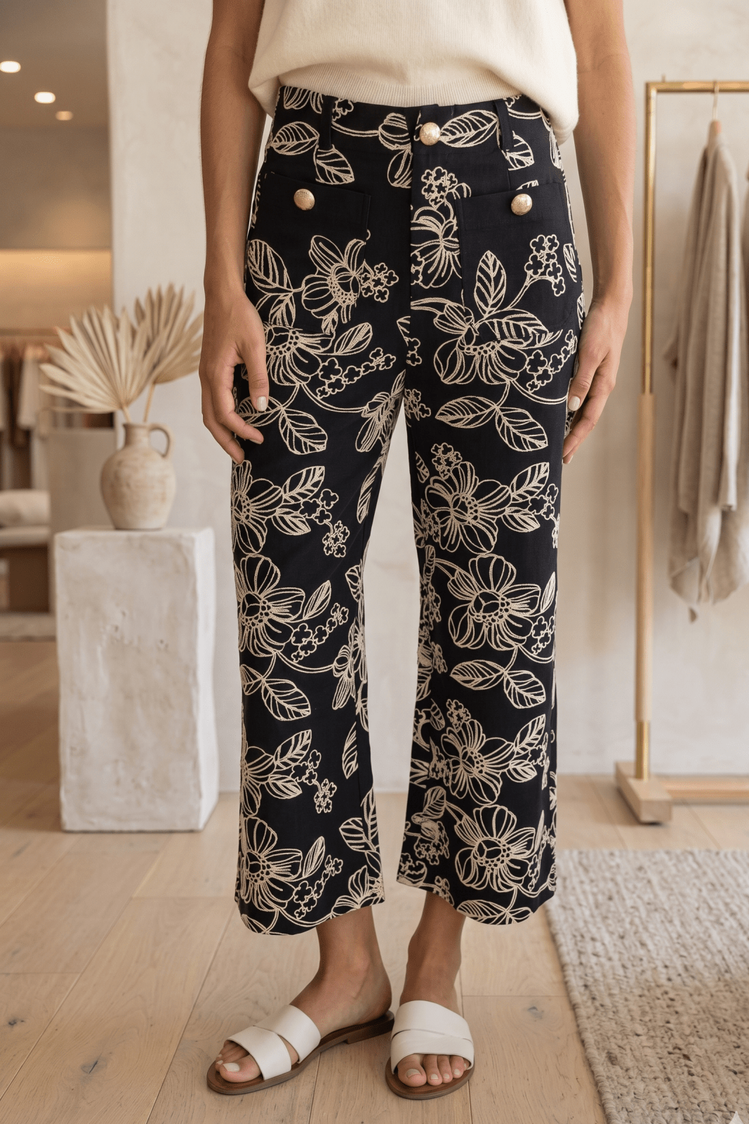Floral Embroidered Wide - Leg Ankle Pants with Gold Accents - High Call Outfitters