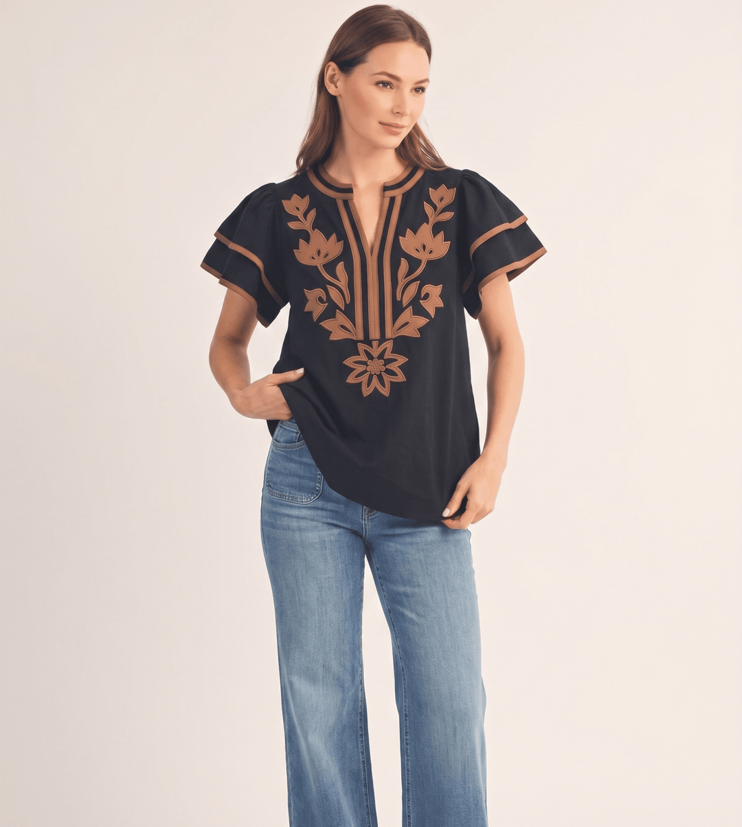 Floral Applique Flutter Sleeve Top - High Call Outfitters