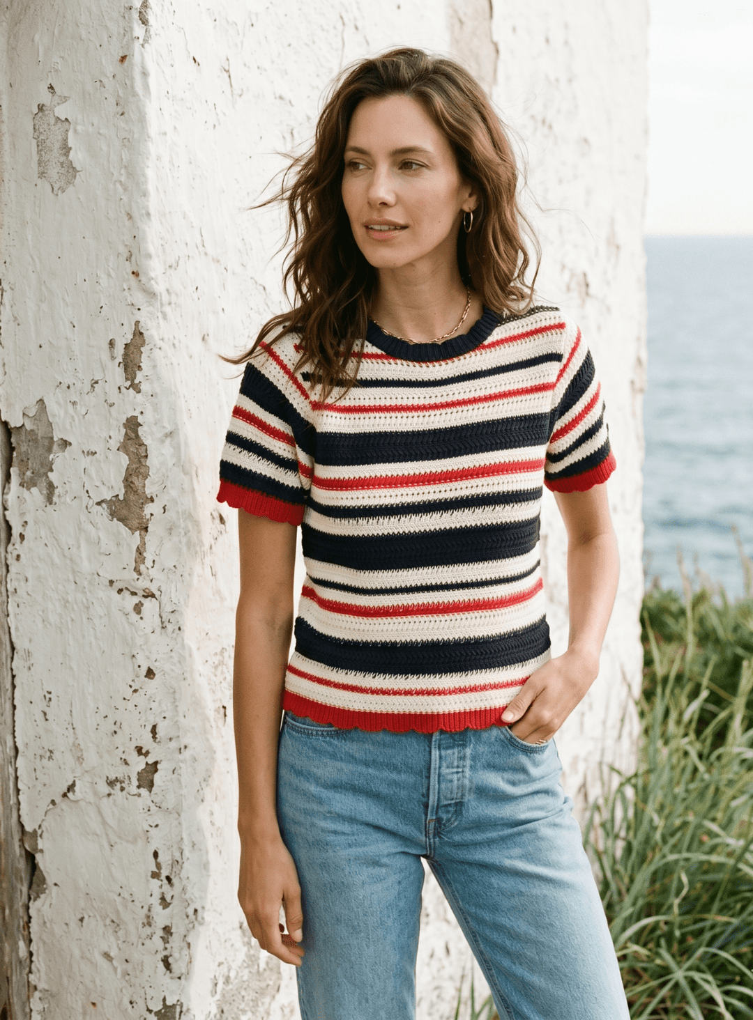 Striped Short Sleeve Knit Sweater - High Call Outfitters