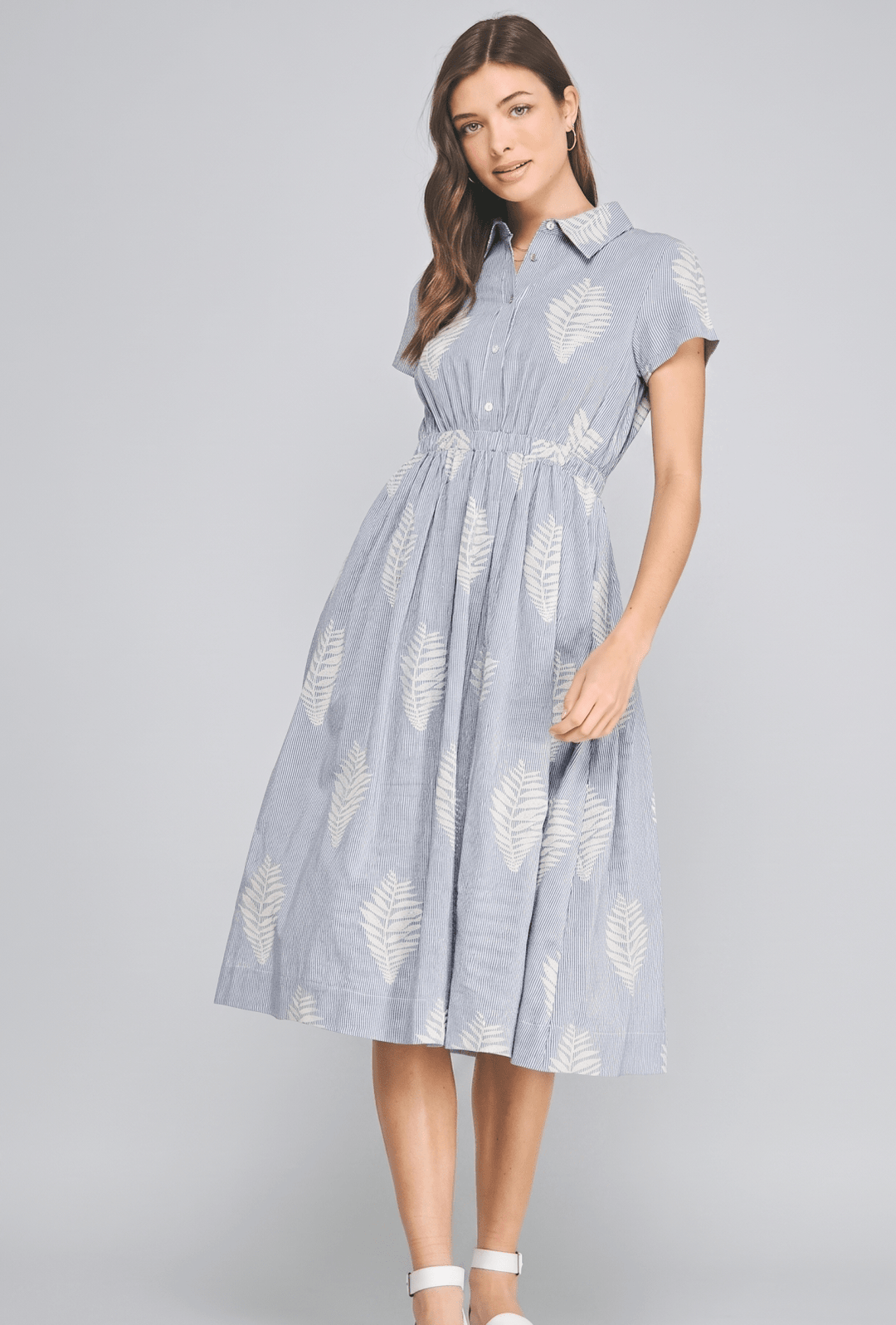 Coastal Chic Leaf Embroidered Striped Midi Dress L
