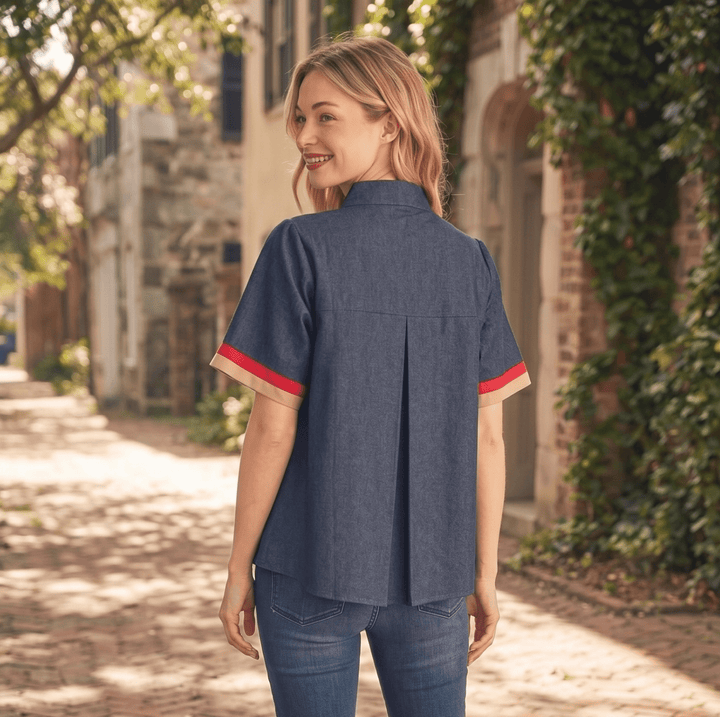 Contrast Trim Denim Short Sleeve Top - High Call Outfitters