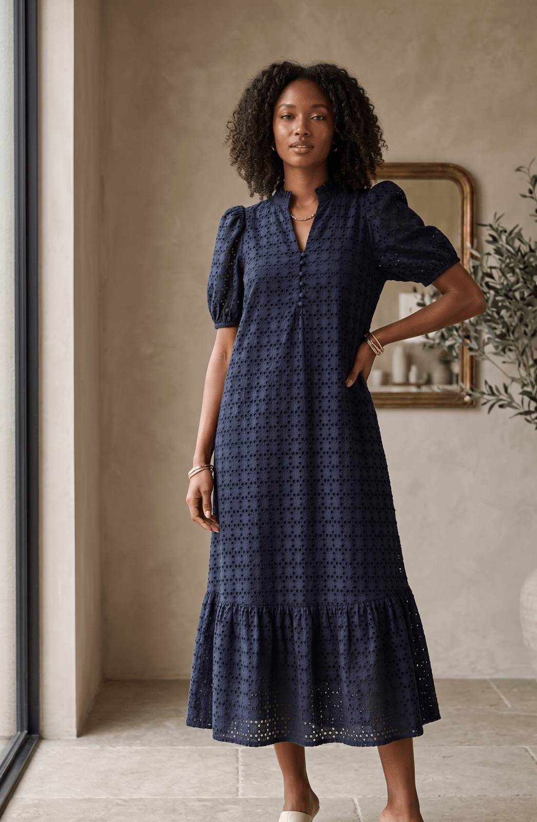 Eyelet Puff Sleeve Midi Dress - High Call Outfitters