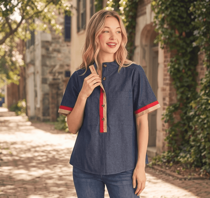 Contrast Trim Denim Short Sleeve Top - High Call Outfitters