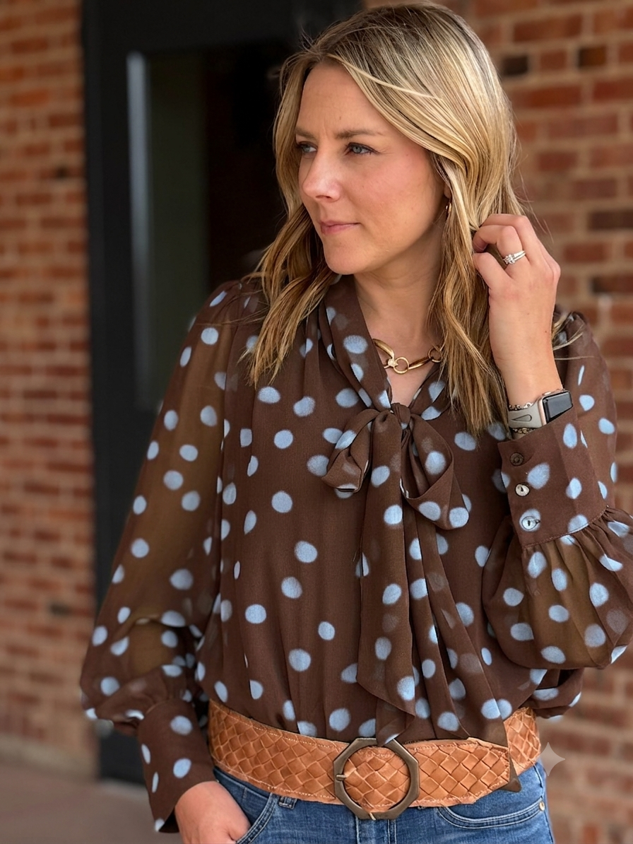 Polka Dot Tie Neckline Top - High Call Outfitters