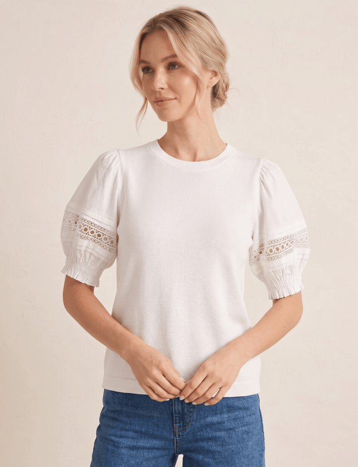 White Lace Trim Puff Sleeve Top - High Call Outfitters