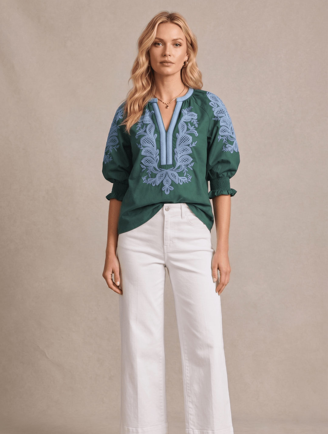 Contrast Binding Embroidered Top - High Call Outfitters
