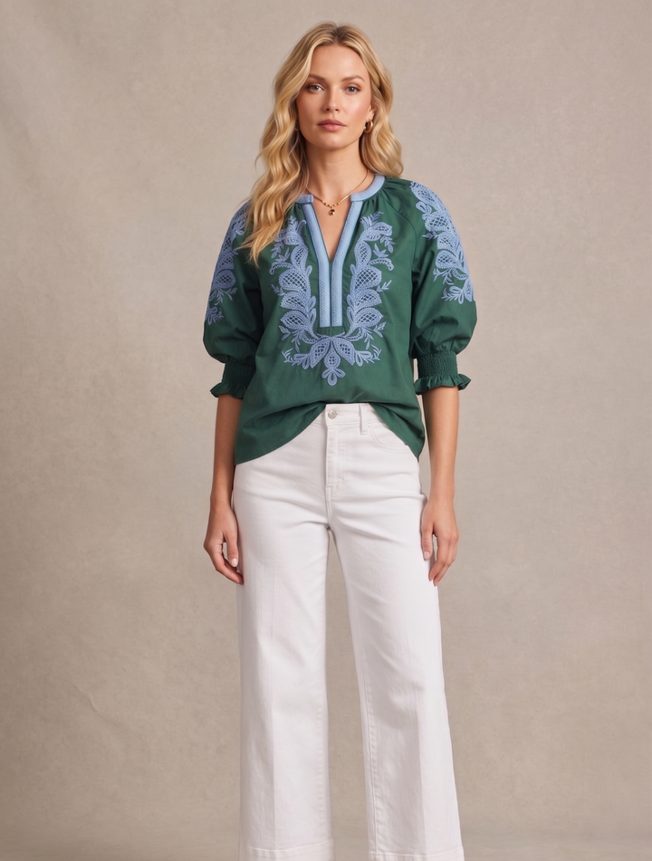 Contrast Binding Embroidered Top