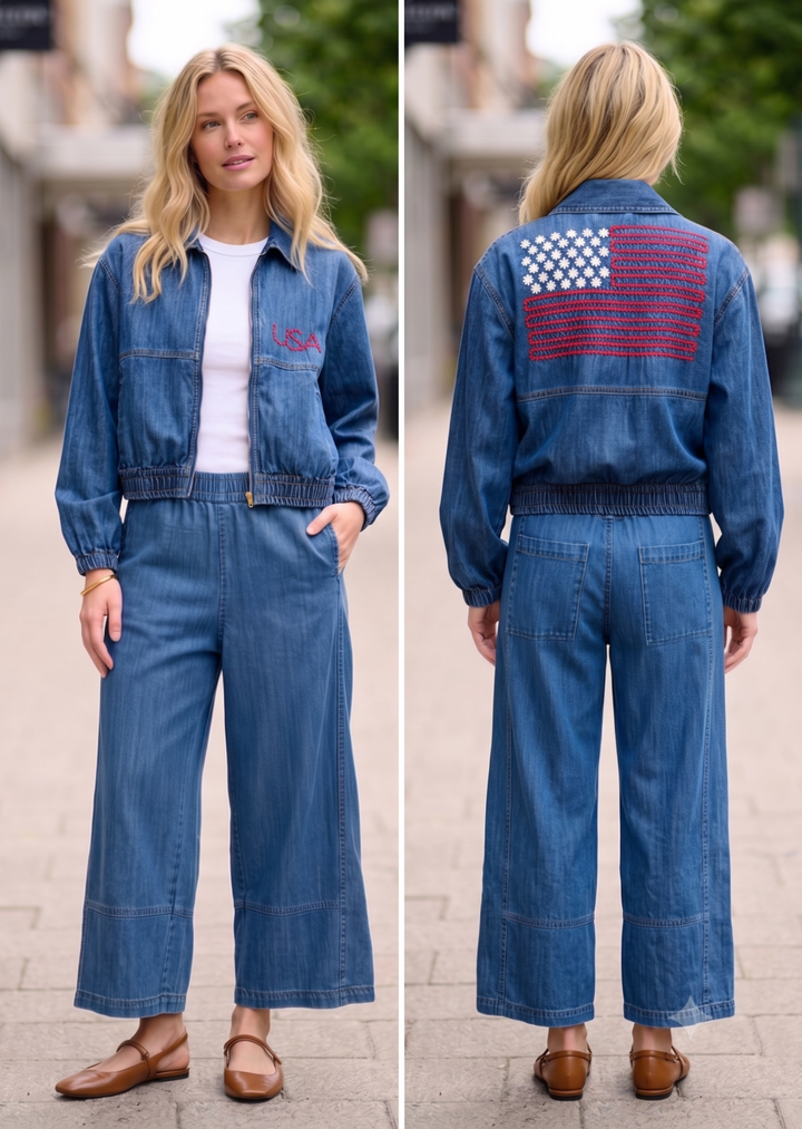 Denim Flag Embroidered Bomber Jacket from Ivy Jane