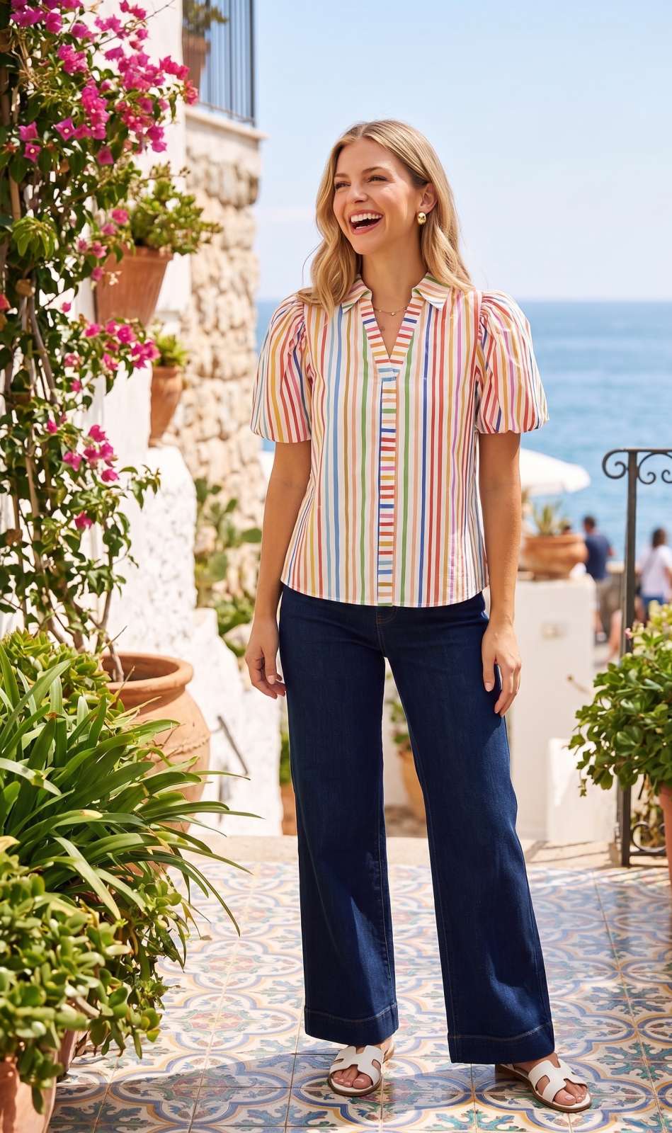 Rainbow Stripe Puff Sleeve Top - High Call Outfitters