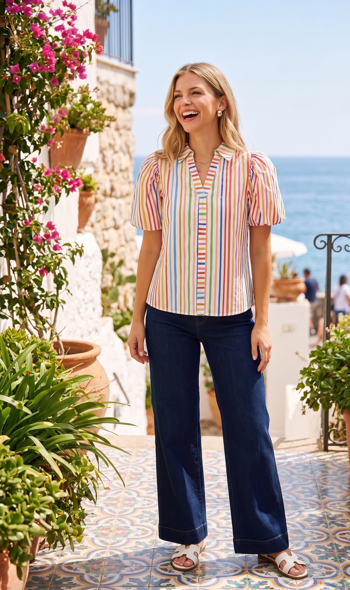 Rainbow Stripe Puff Sleeve Top - High Call Outfitters