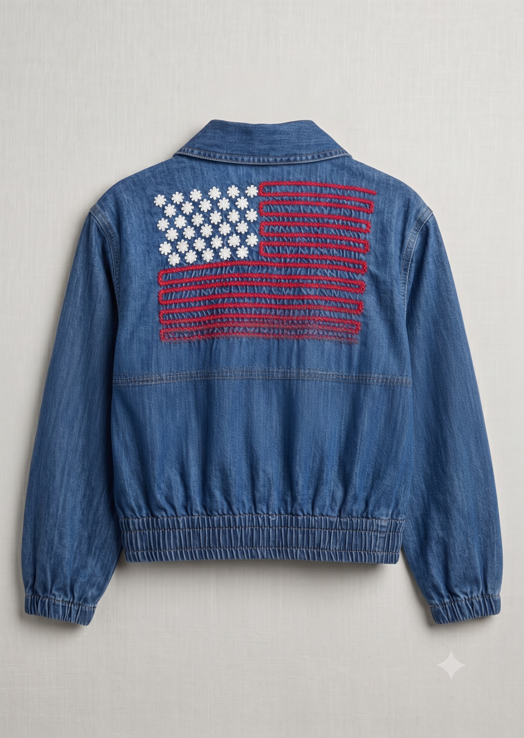 Denim Flag Embroidered Bomber Jacket from Ivy Jane