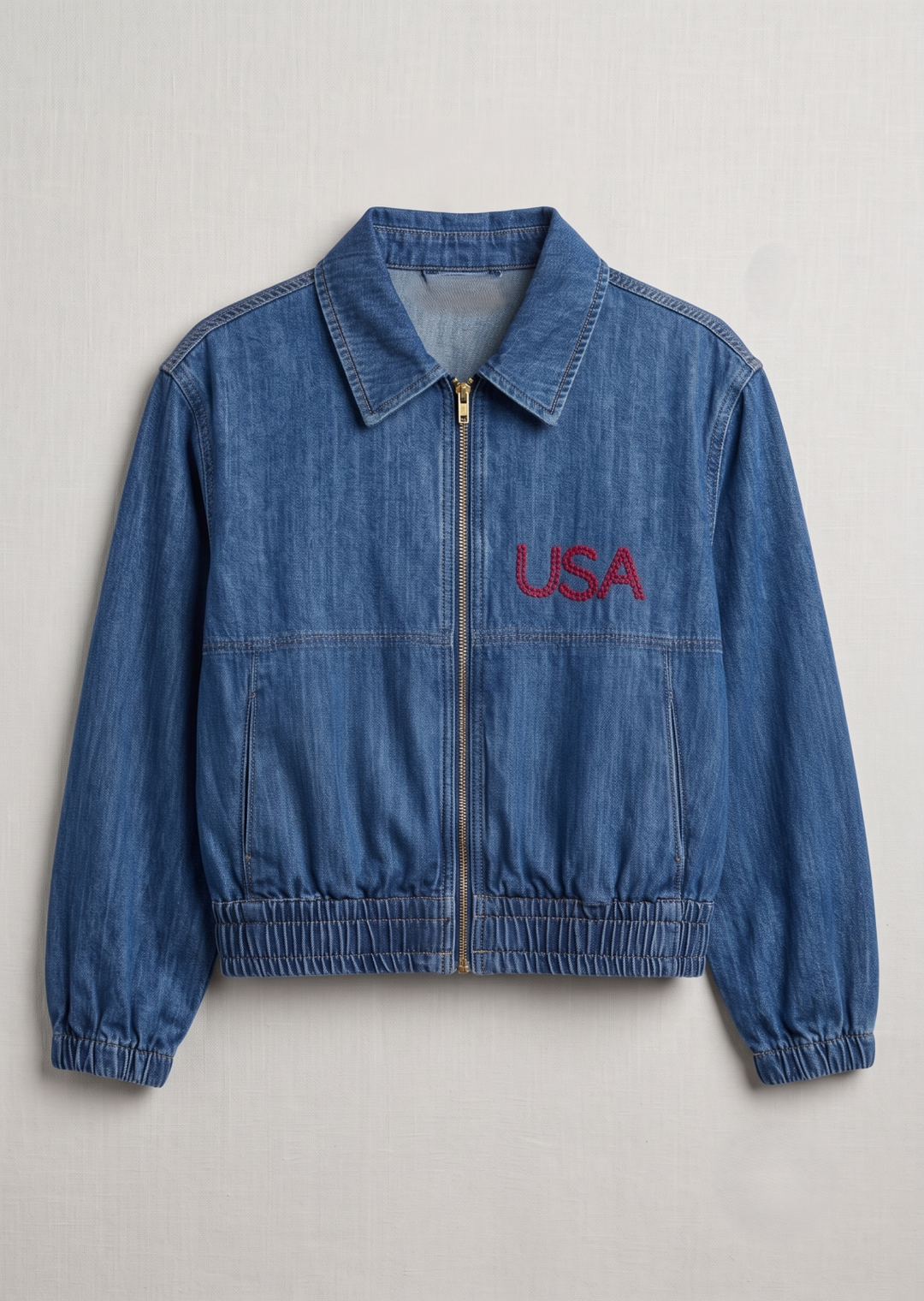 Denim Flag Embroidered Bomber Jacket from Ivy Jane