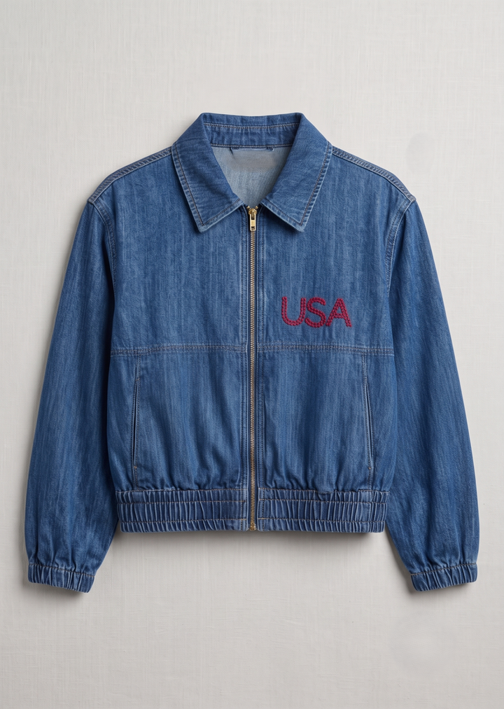 Denim Flag Embroidered Bomber Jacket from Ivy Jane