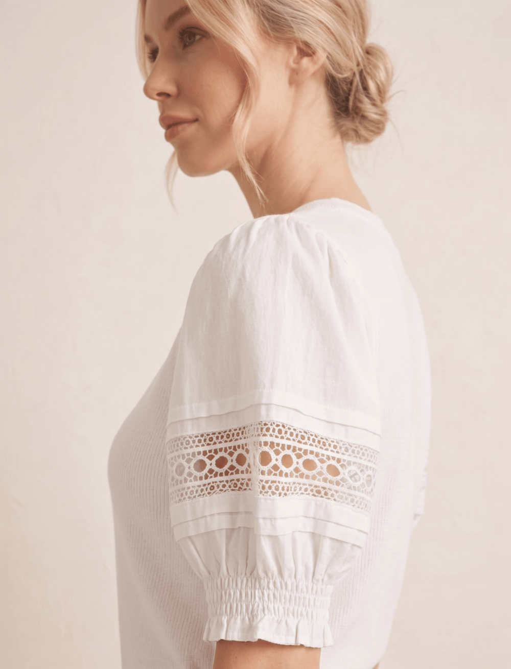 White Lace Trim Puff Sleeve Top - High Call Outfitters