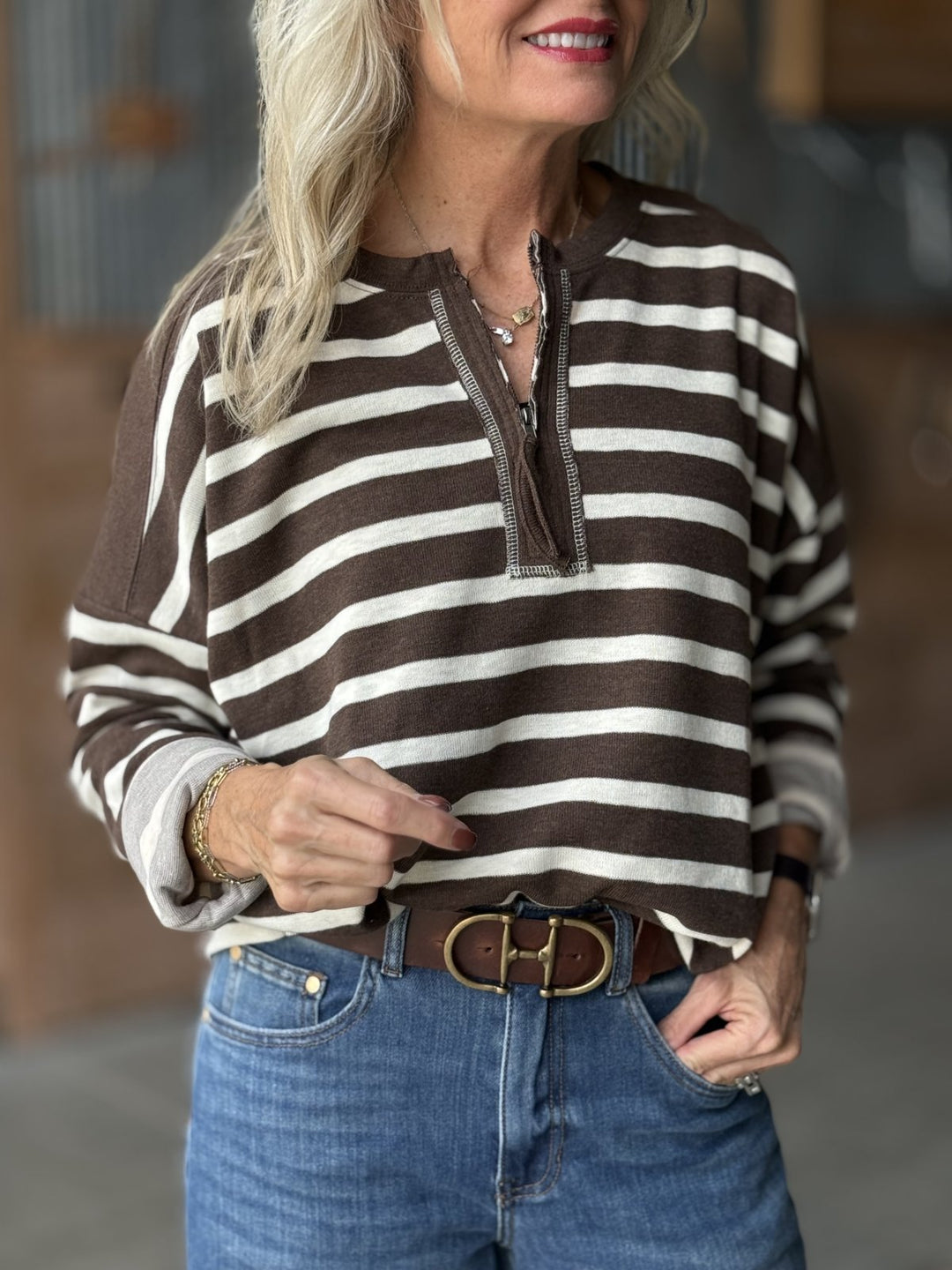 Stripe Drop Shoulder 1/4 Zip Lightweight Sweater
