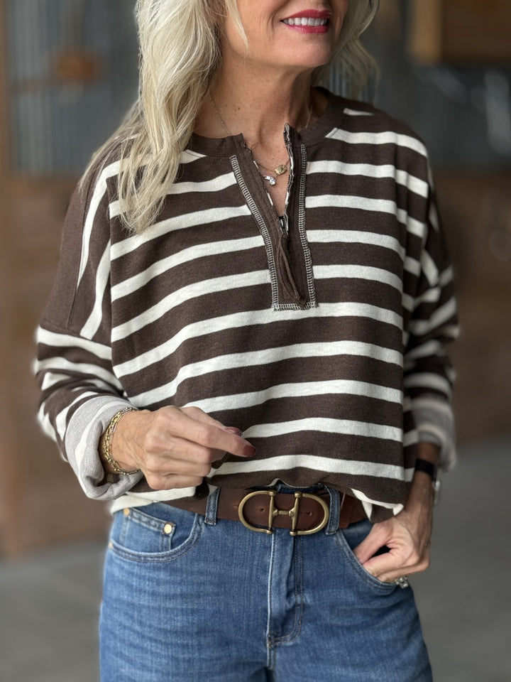 Stripe Drop Shoulder 1/4 Zip Lightweight Sweater