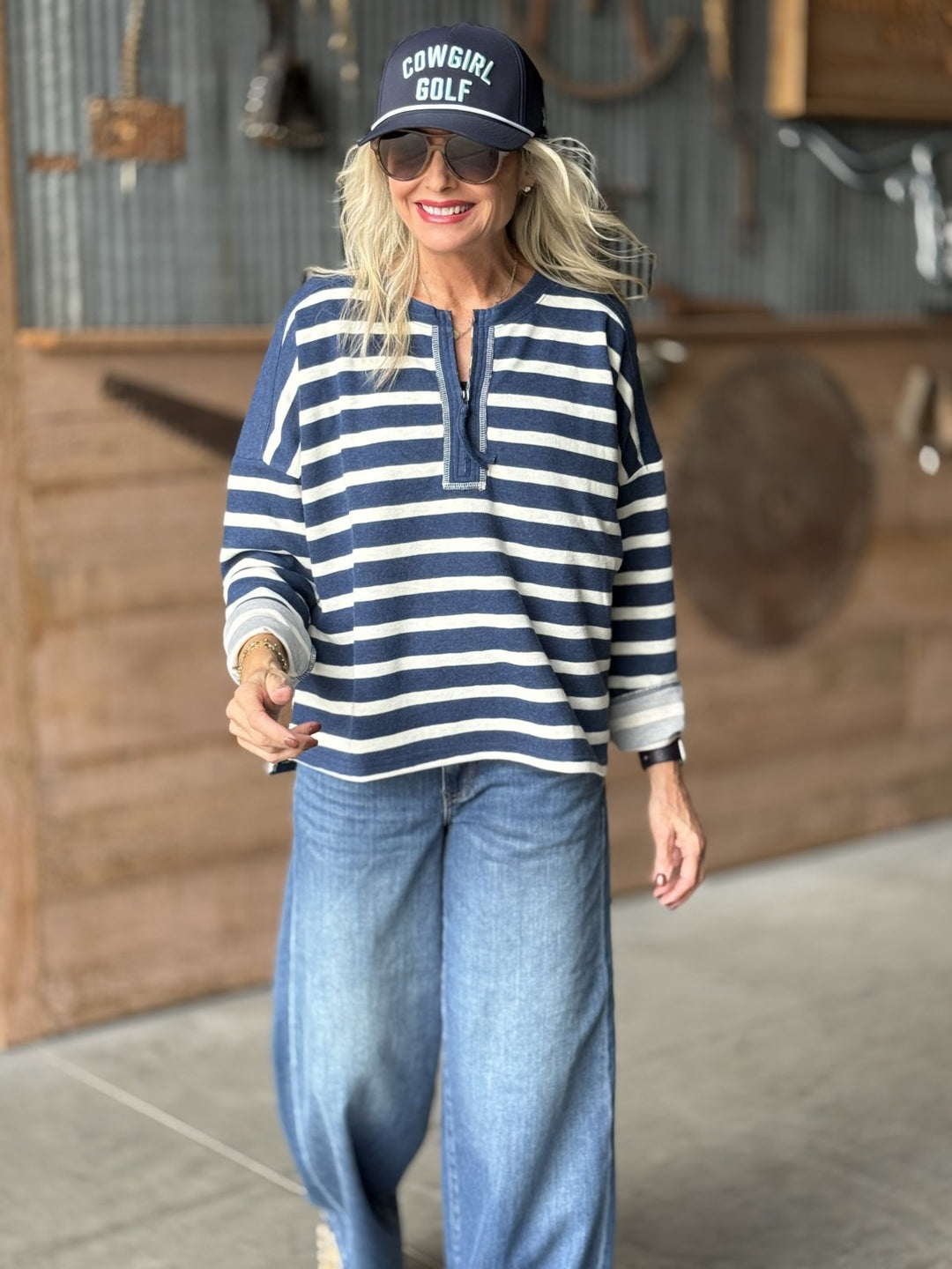 Stripe Drop Shoulder 1/4 Zip Lightweight Sweater