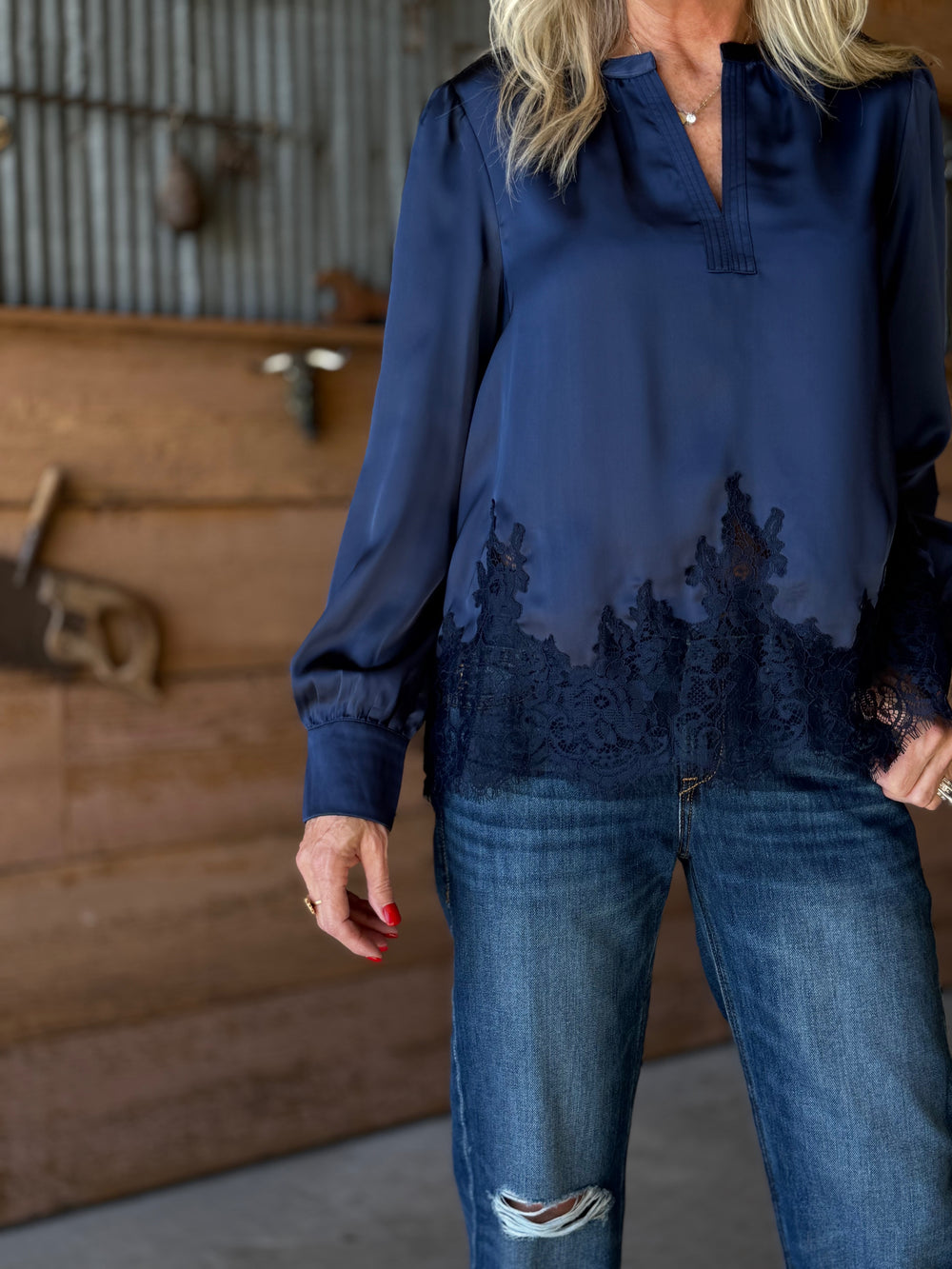 Split Neckline Lace Hemline Top - High Call Outfitters