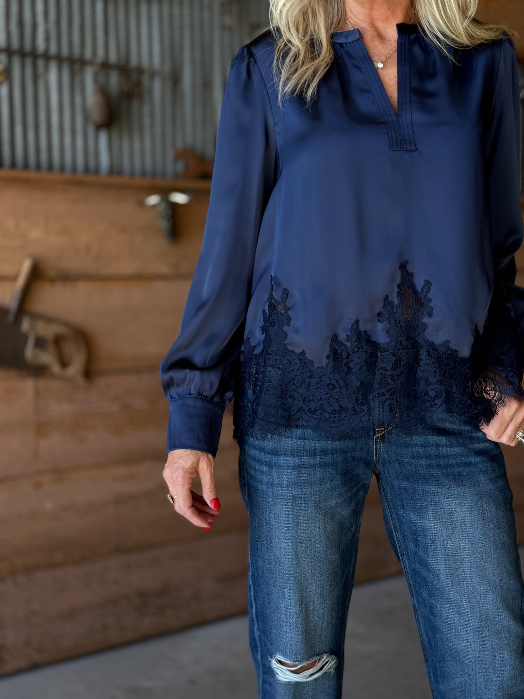 Split Neckline Lace Hemline Top - High Call Outfitters