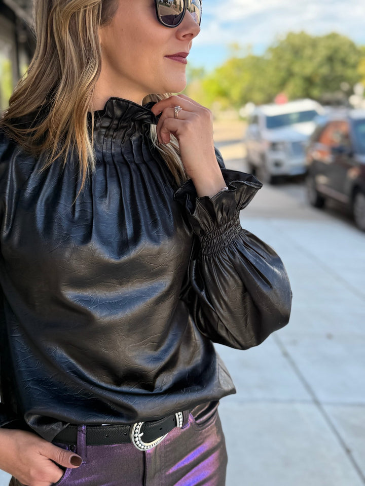 Faux Leather Smocked Sleeve Top from THML - High Call Outfitters