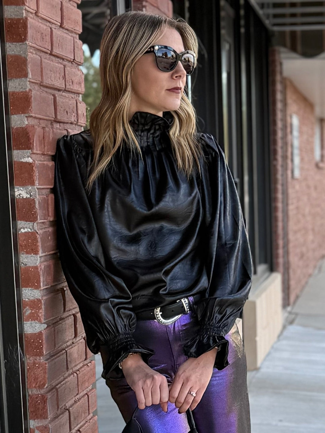 Faux Leather Smocked Sleeve Top from THML - High Call Outfitters