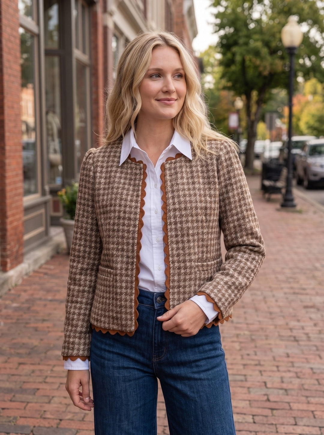 Wavy Trim Houndstooth Tweed Jacket - High Call Outfitters