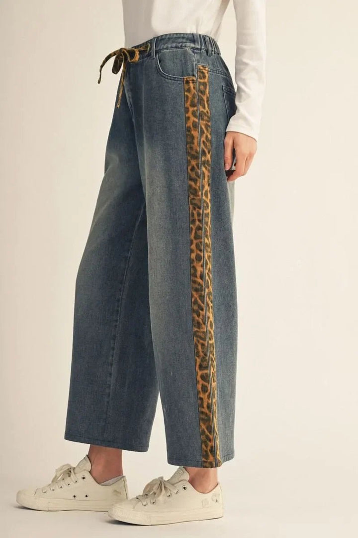 Leopard Trim Wide Leg Drawstring Denim - High Call Outfitters