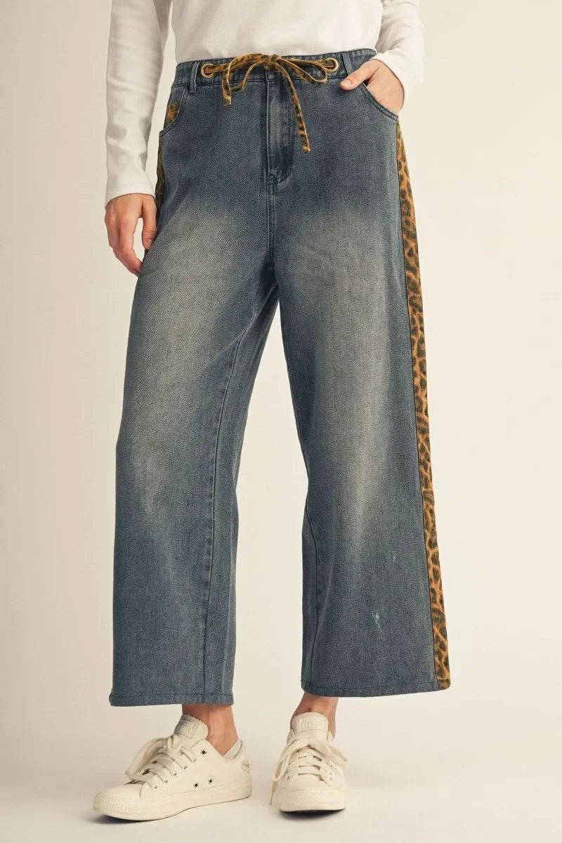 Leopard Trim Wide Leg Drawstring Denim - High Call Outfitters