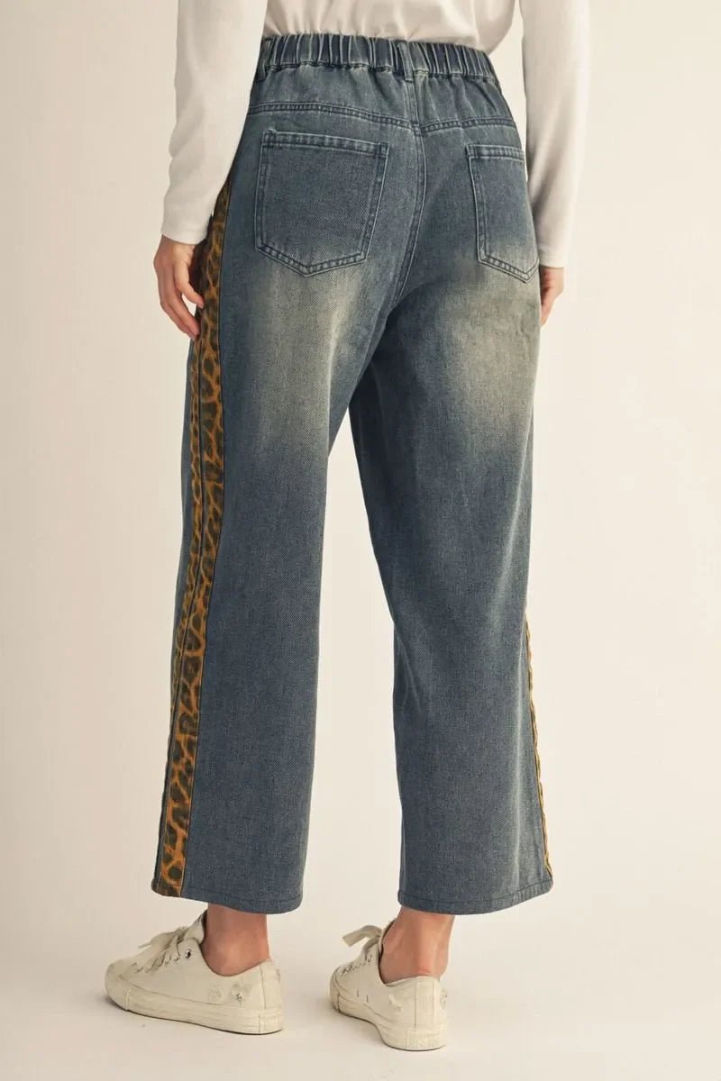 Leopard Trim Wide Leg Drawstring Denim - High Call Outfitters
