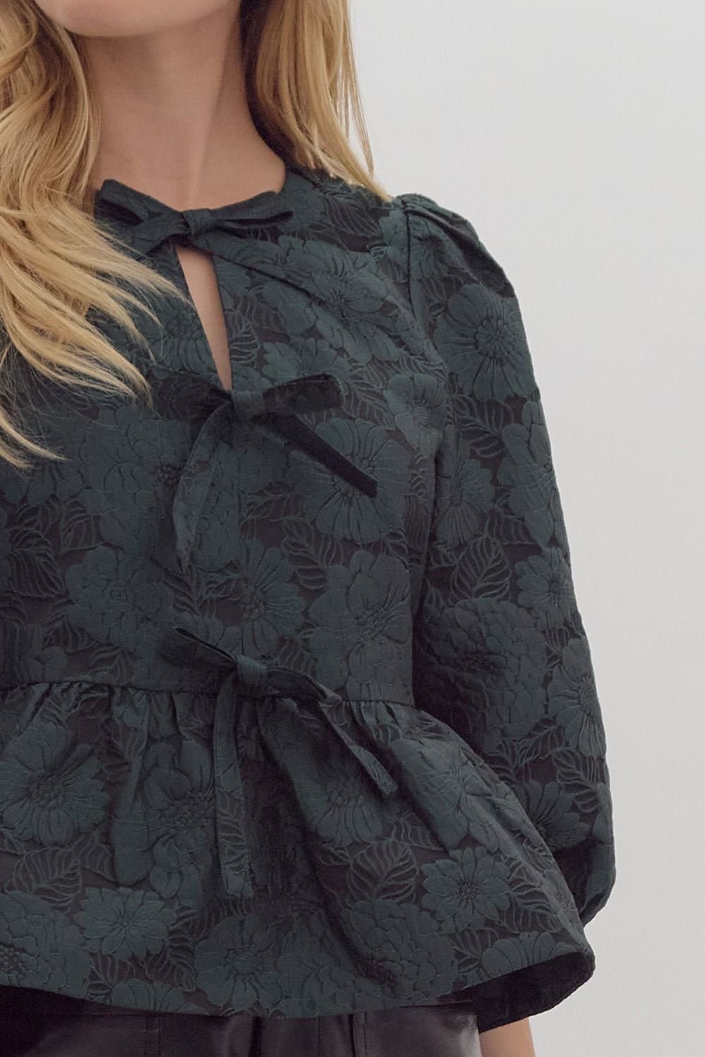 Jacquard Floral Tie Front Top - High Call Outfitters