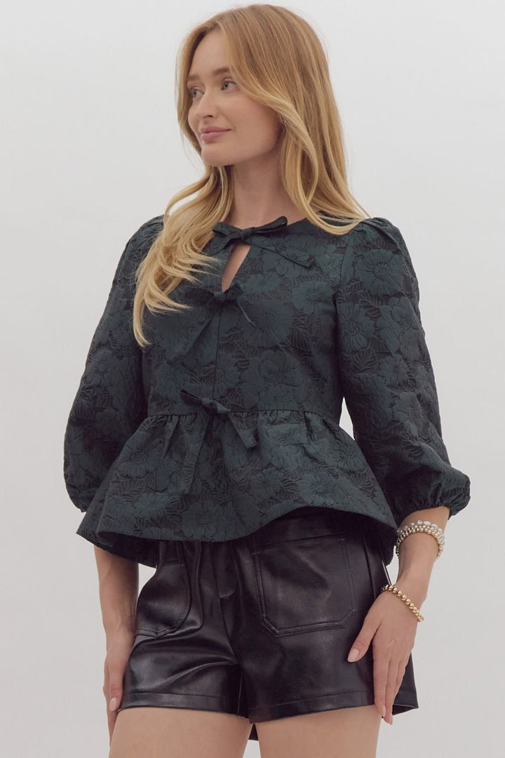 Jacquard Floral Tie Front Top