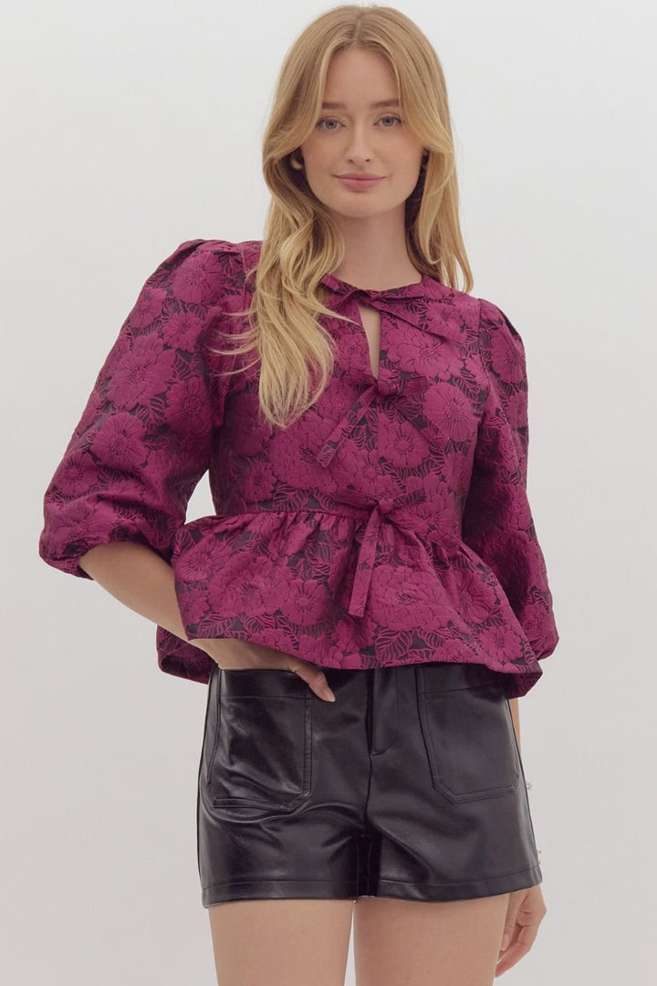 Jacquard Floral Tie Front Top