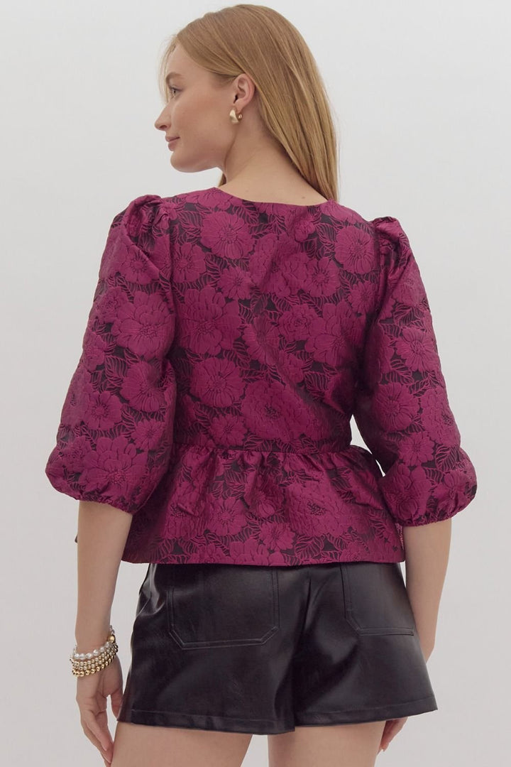 Jacquard Floral Tie Front Top