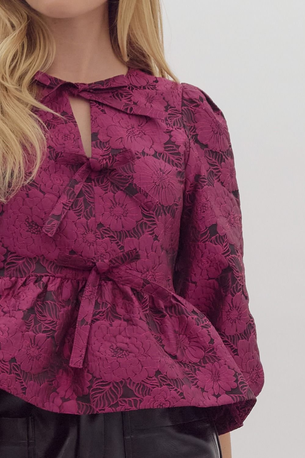 Jacquard Floral Tie Front Top - High Call Outfitters
