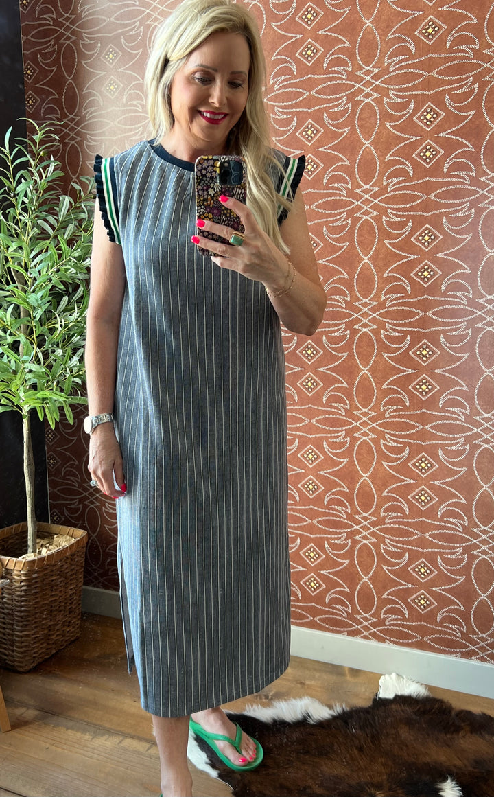 Rib Band Detailed Striped Knit Midi Dress