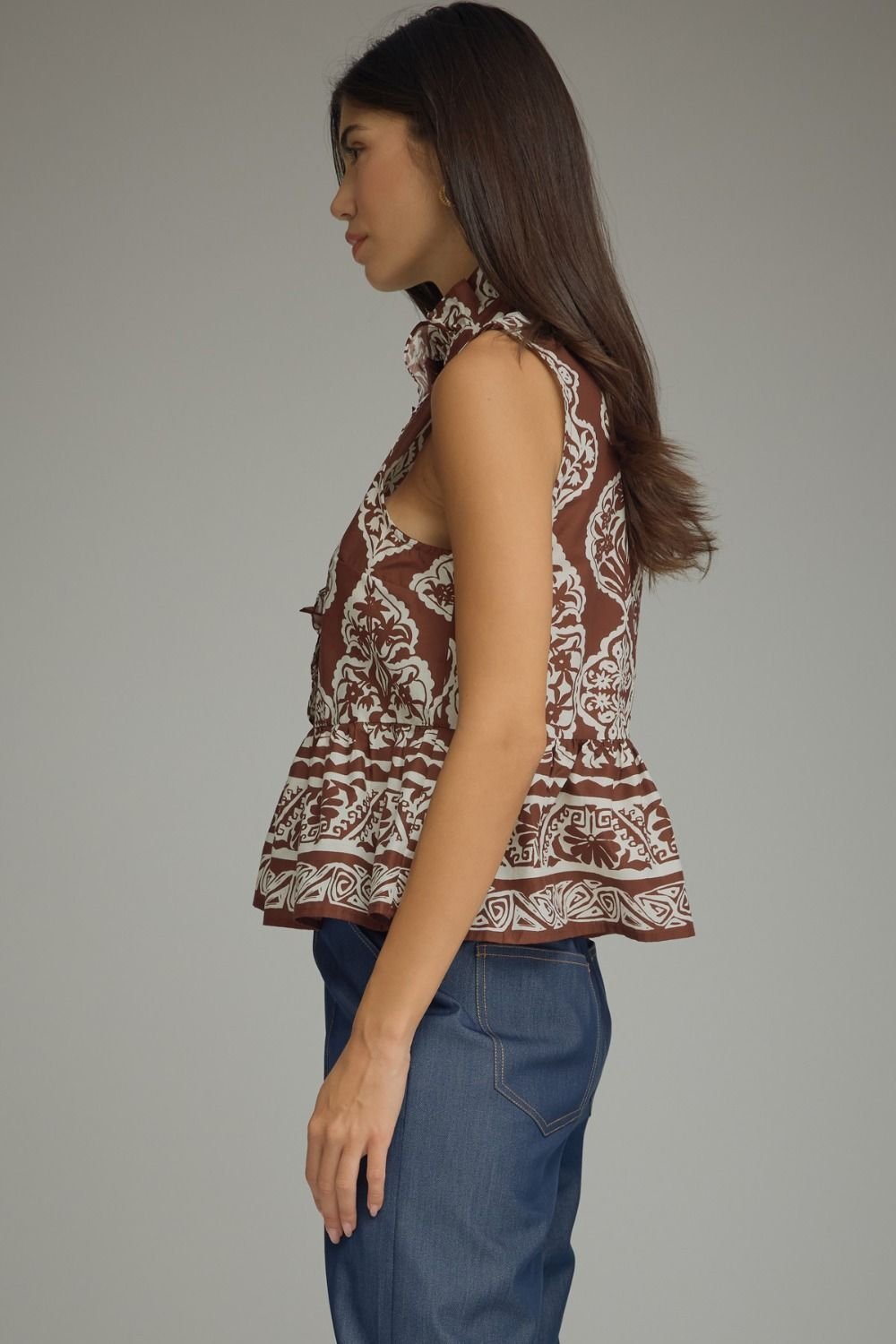 Paisley Print Ruffle Trim Peplum Top - High Call Outfitters