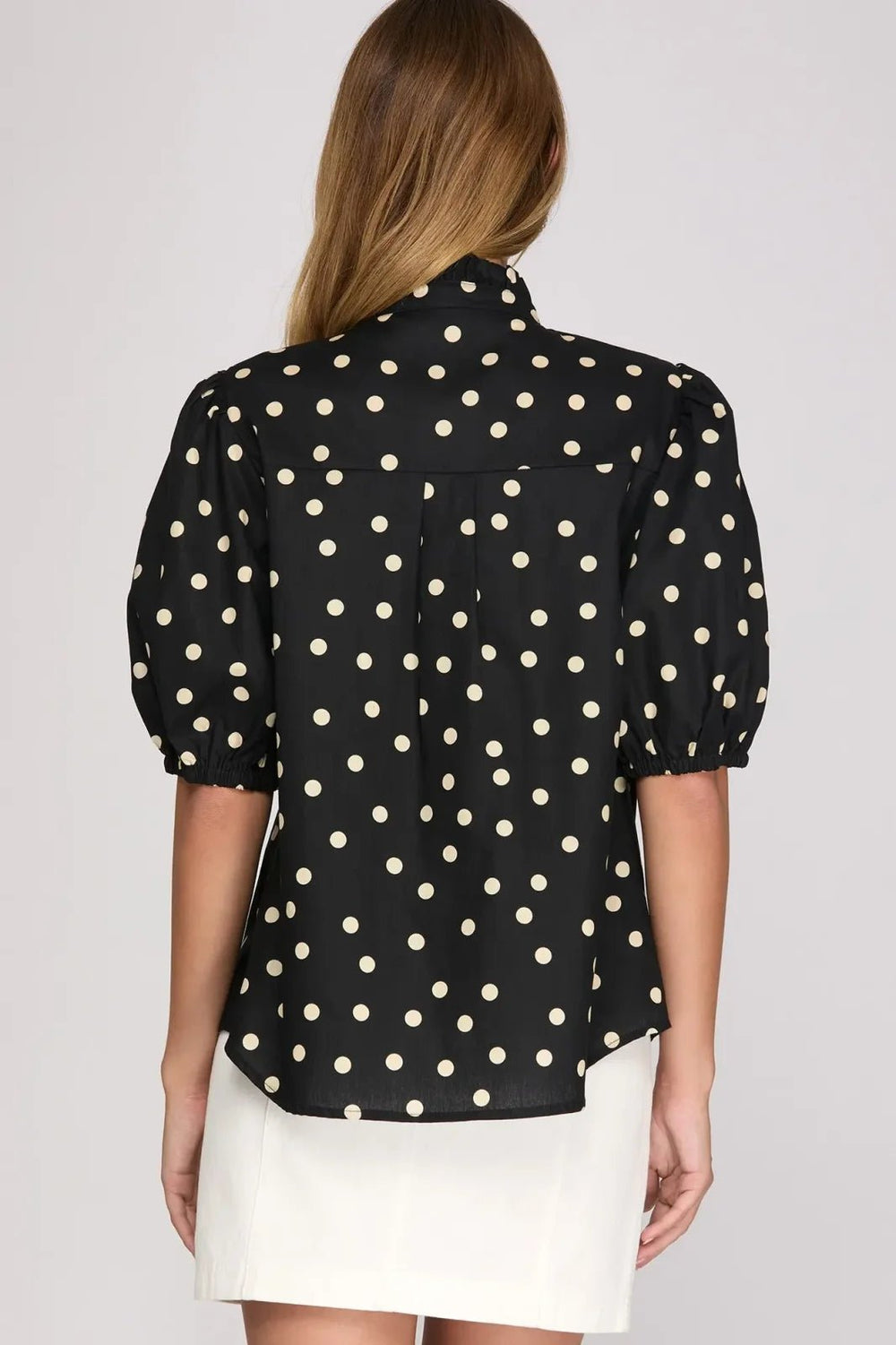 Polka Dot Ruffle Neck Button Down Top - High Call Outfitters