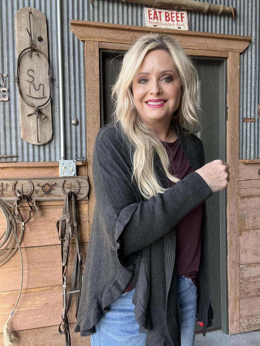 3/4 Sleeve Ruffle Hem Shawl from Multiples - High Call Outfitters