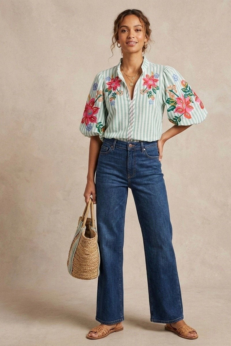 Striped Embroidered Puff Sleeve Top from THML - High Call Outfitters