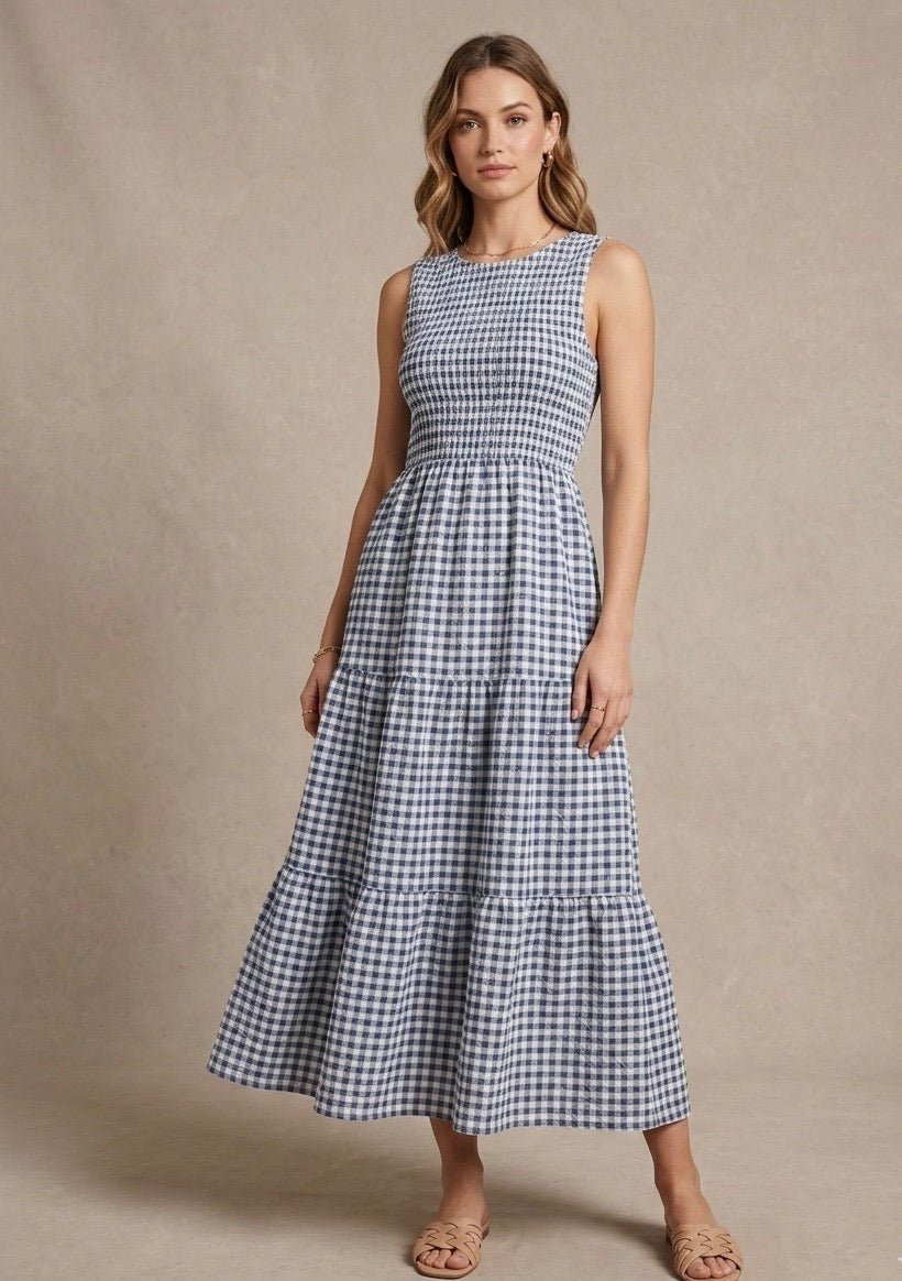 Sleeveless Smocked Gingham Tiered Dress from THML - High Call Outfitters